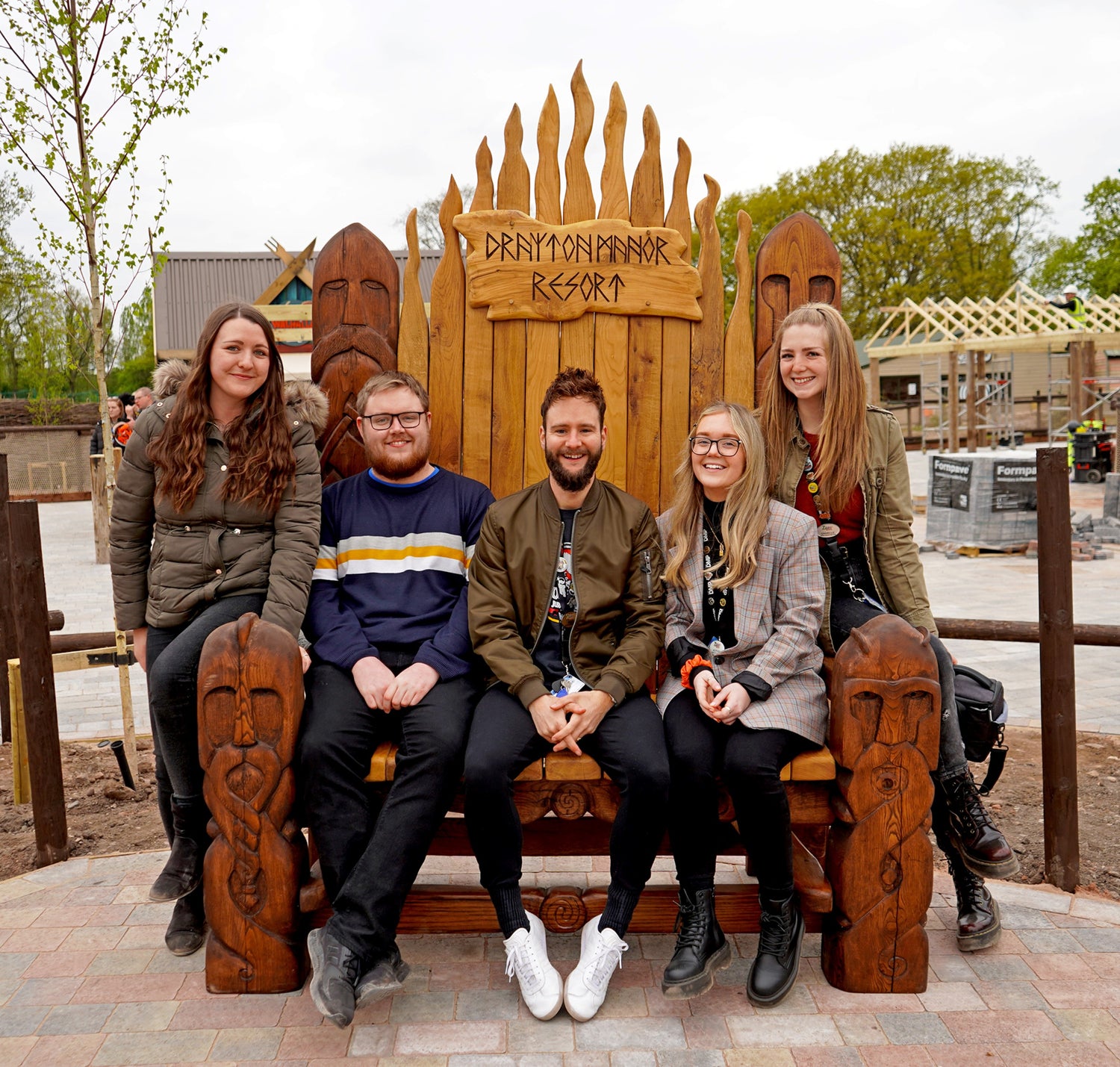 Viking themed carved wooden bench 