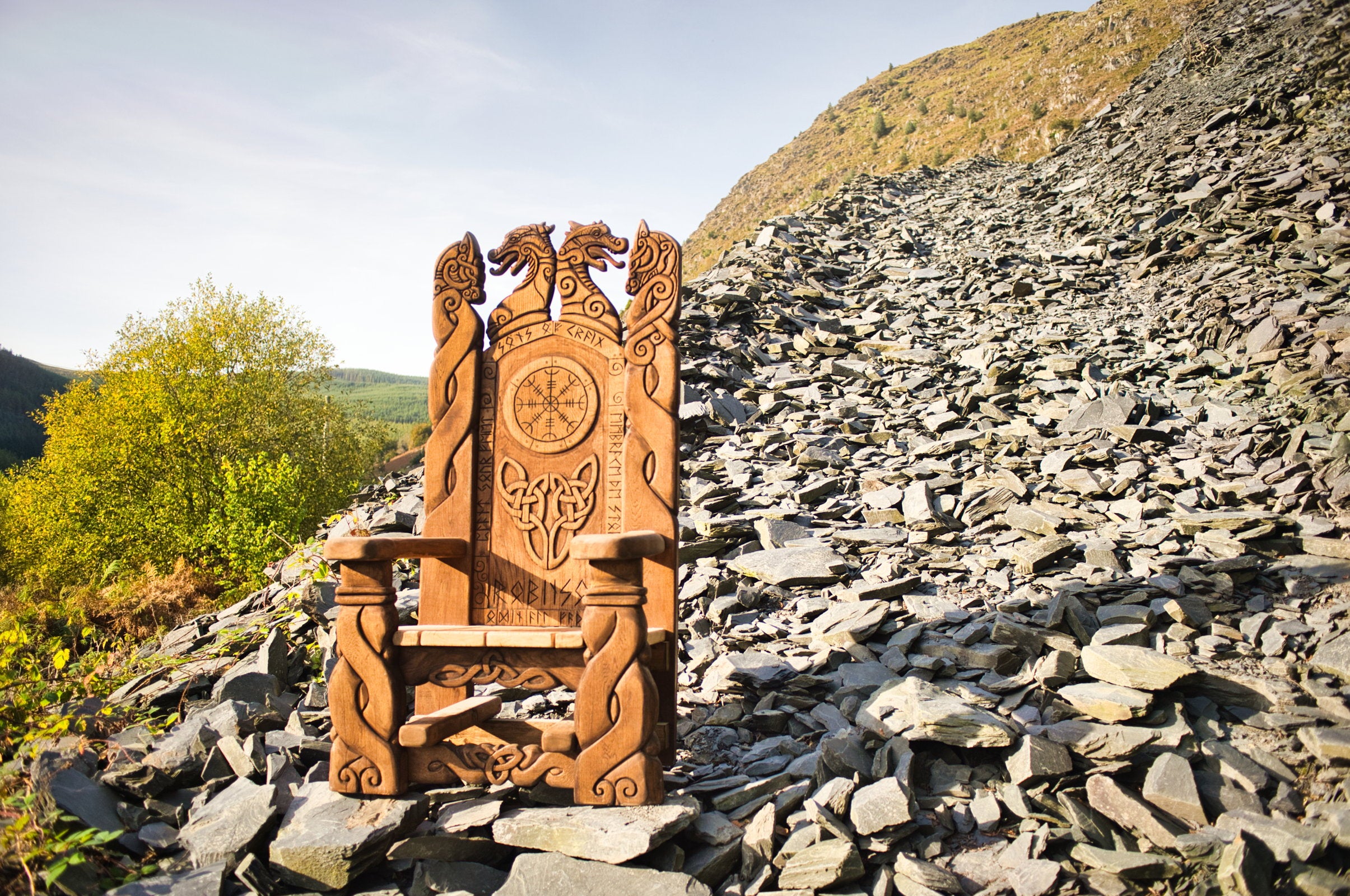 Celtic Throne Chair in mountainous landscape