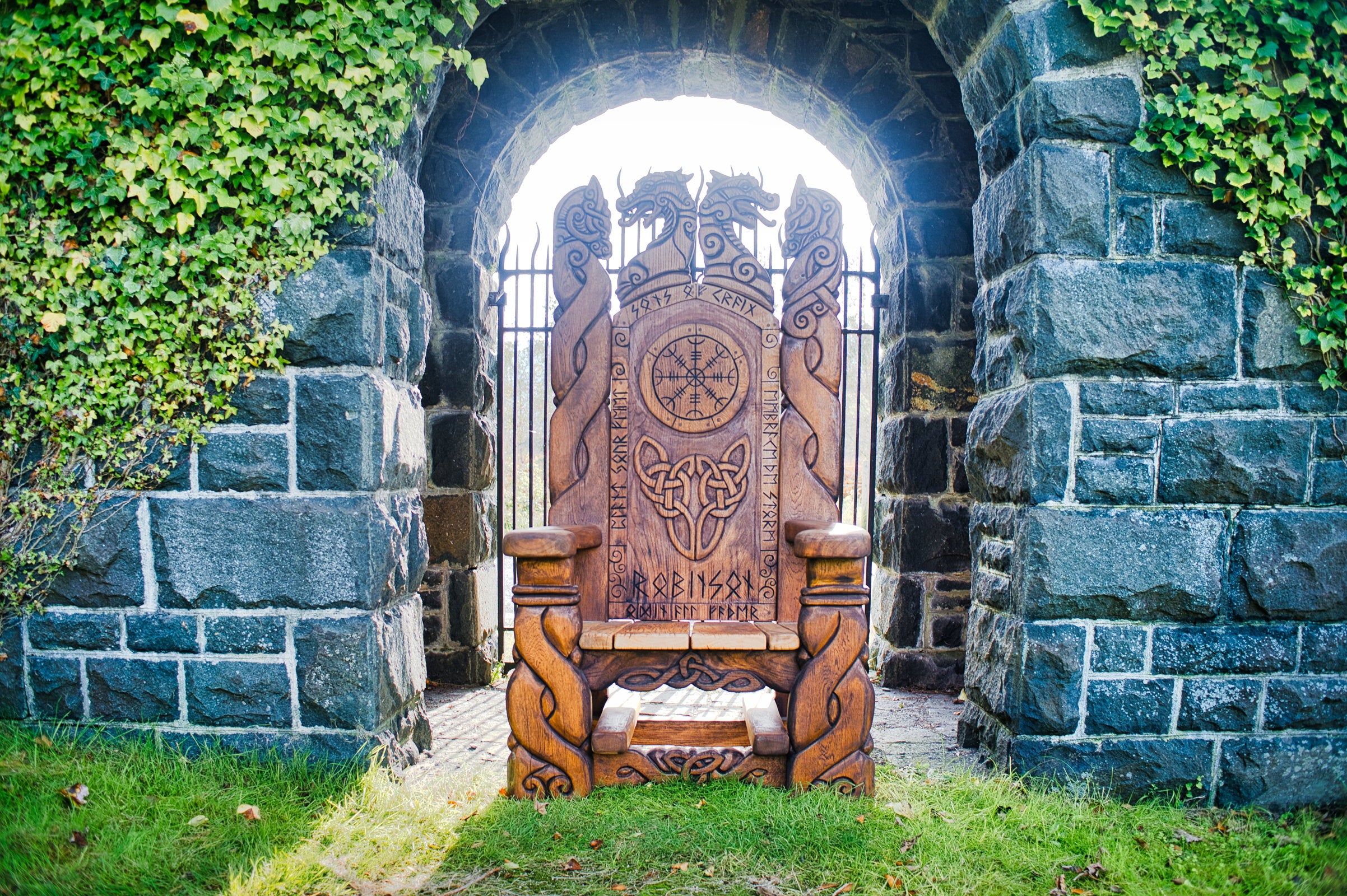 Viking Throne Chair by stone archway