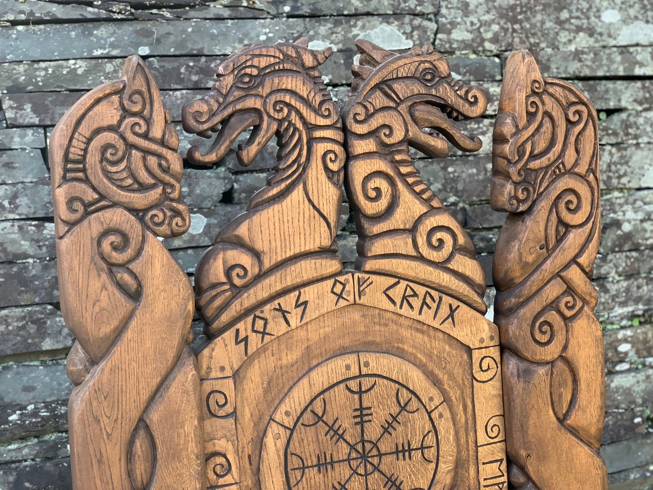 Detailed dragon carvings on Viking Throne Chair