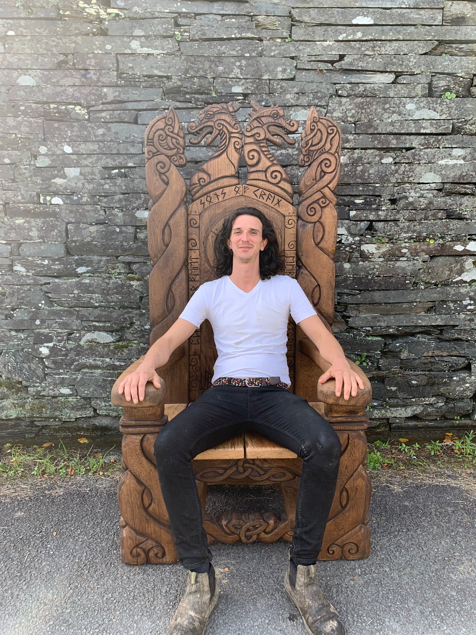 Handcrafted Viking Chair with Celtic Knotwork and Welsh Dragon Eisteddfod