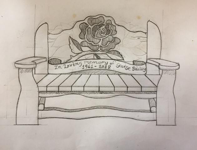 Sketch of remembrance bench with rose design