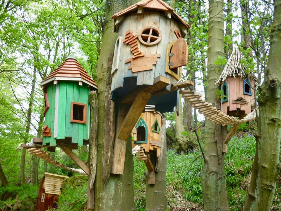 Tree-mounted fairy houses with whimsical design