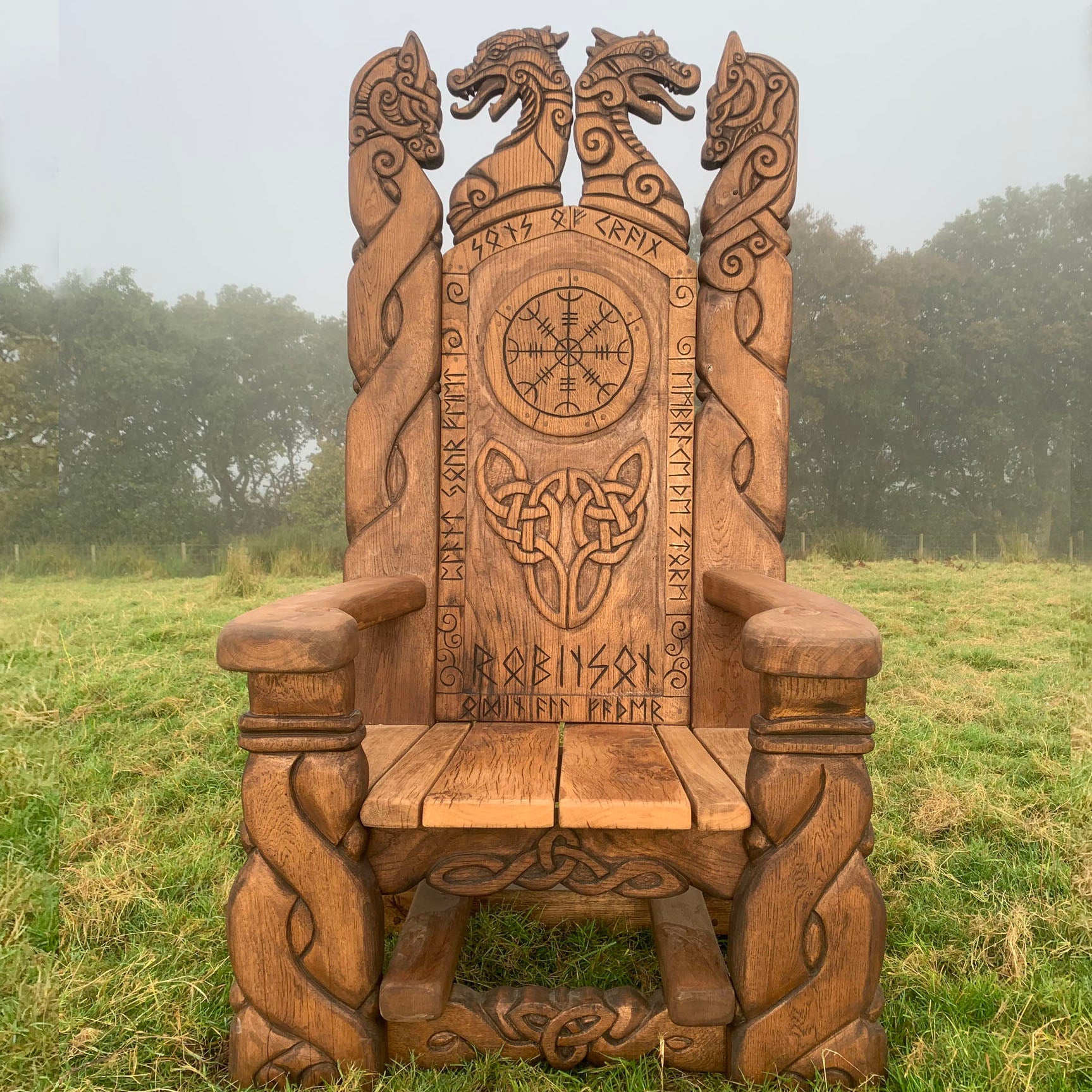 Ornate Viking Throne Chair in misty field