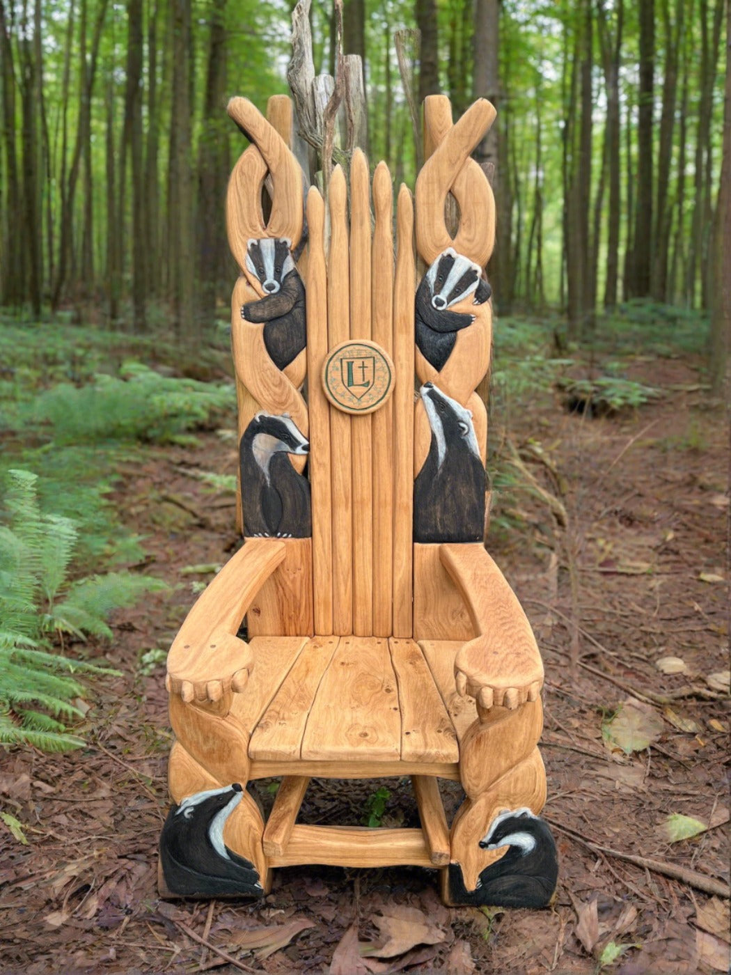 Wooden storytelling chair in forest environment