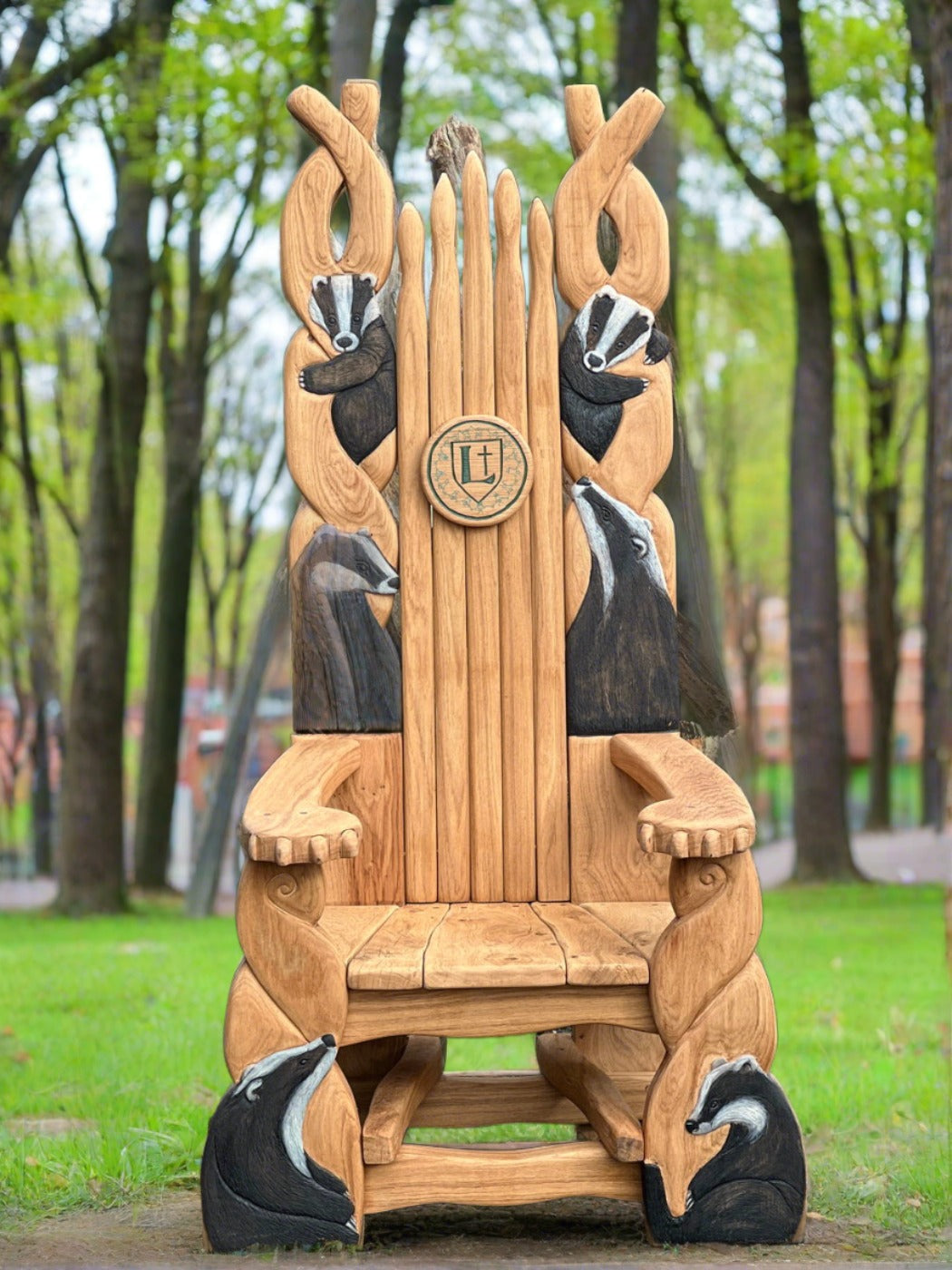 Badger-themed chair in park setting