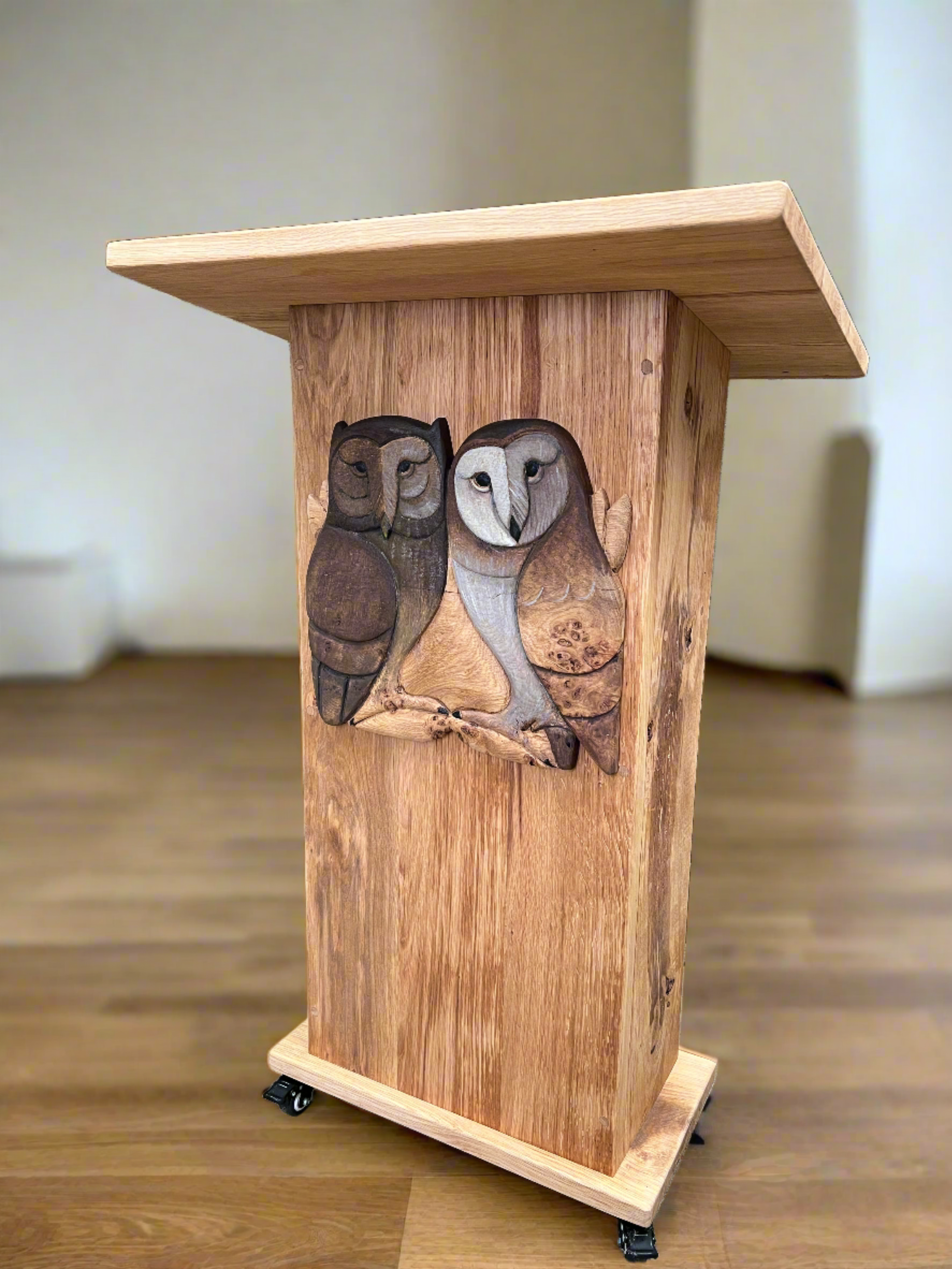 Handcrafted lectern with owl motif for school