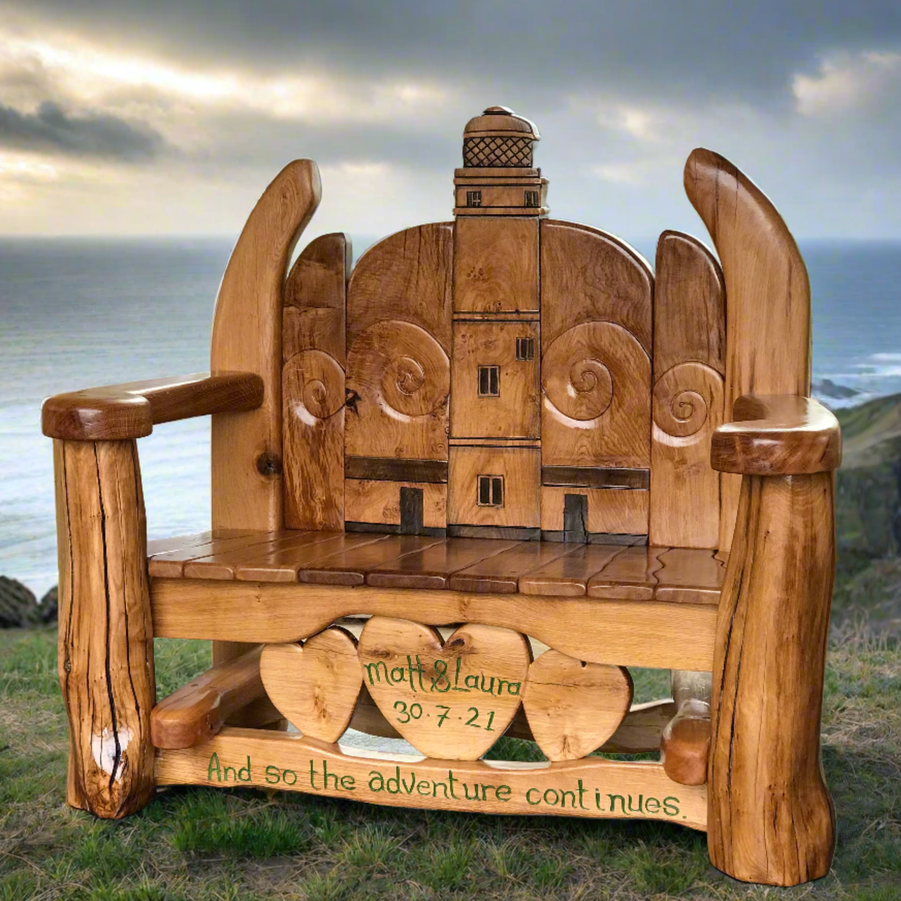 Wooden bench with custom engraving and lighthouse motif