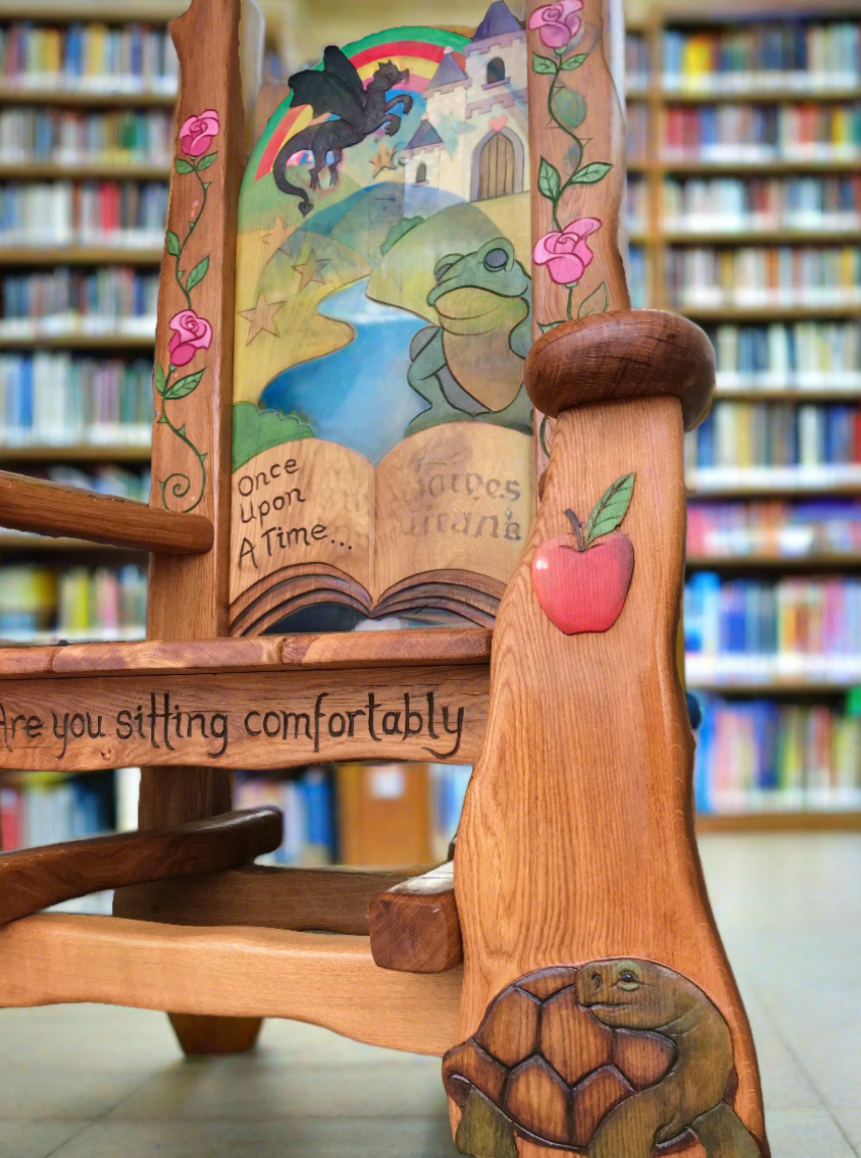 Close-up of fairytale-themed wooden chair