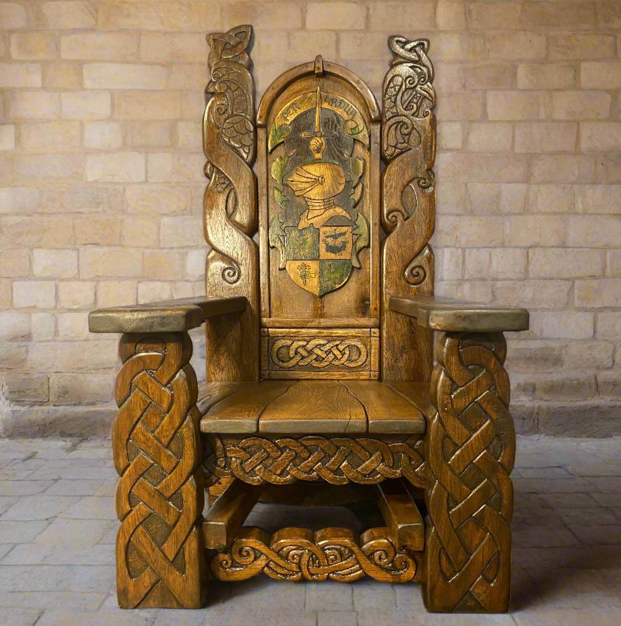 Hand-carved medieval knight throne chair front view