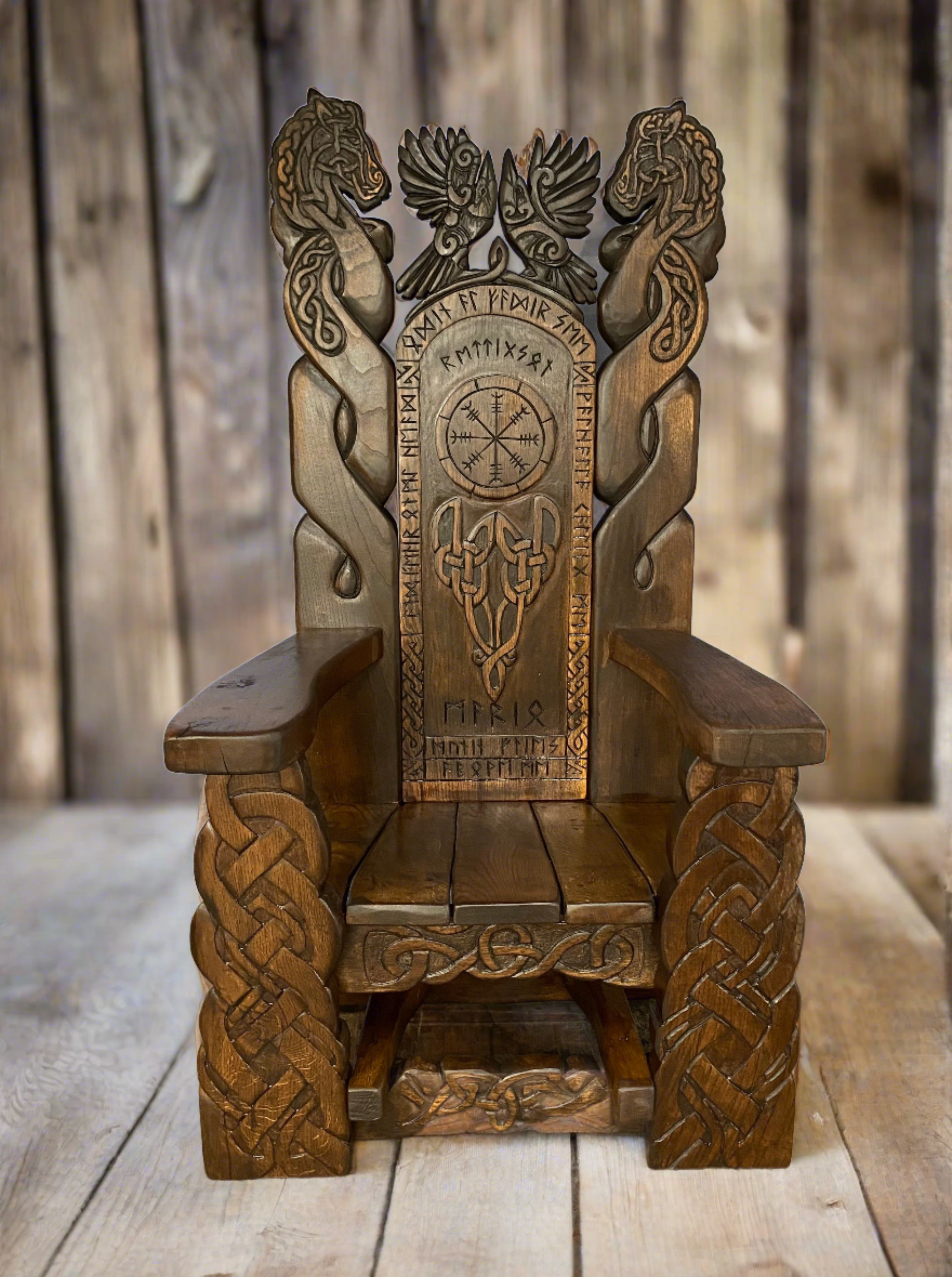 Wooden Viking Throne Chair on wooden floor