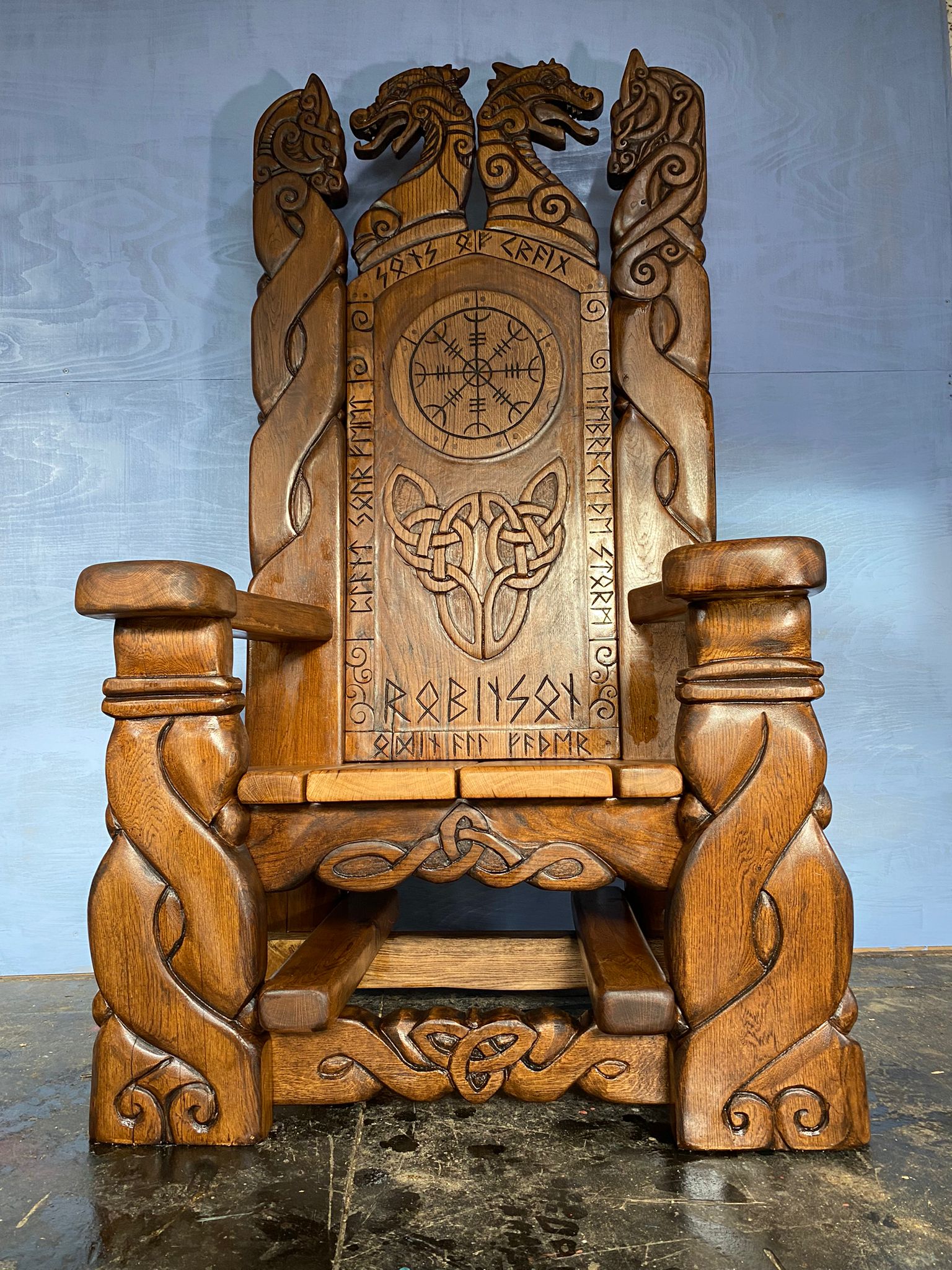 Celtic Knotwork Viking Throne Chair on blue background