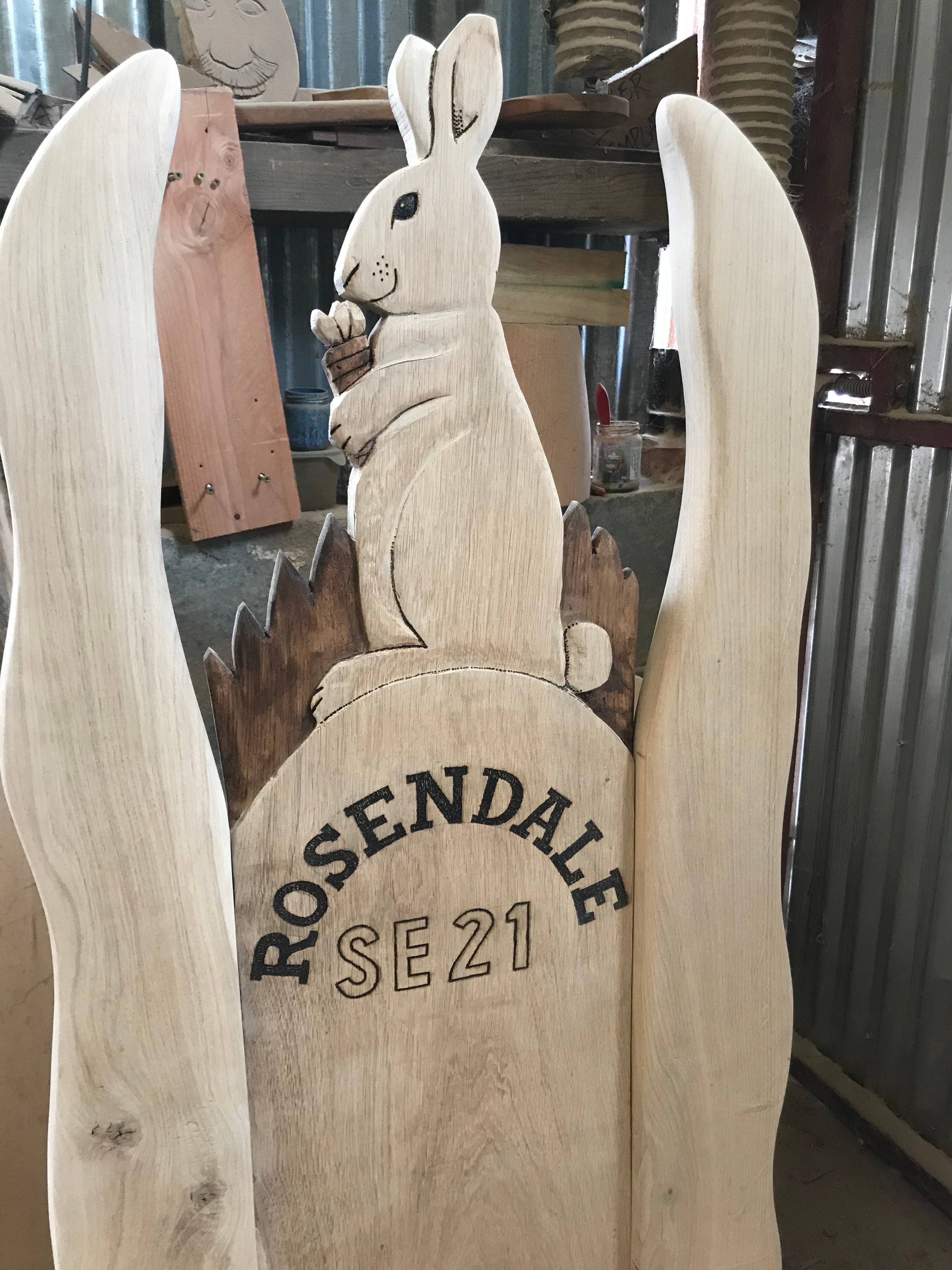 Rosendale SE21 rabbit carved oak chair in workshop