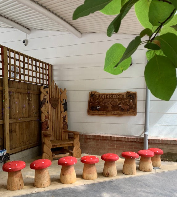 Red mushroom stools in Judith's Corner