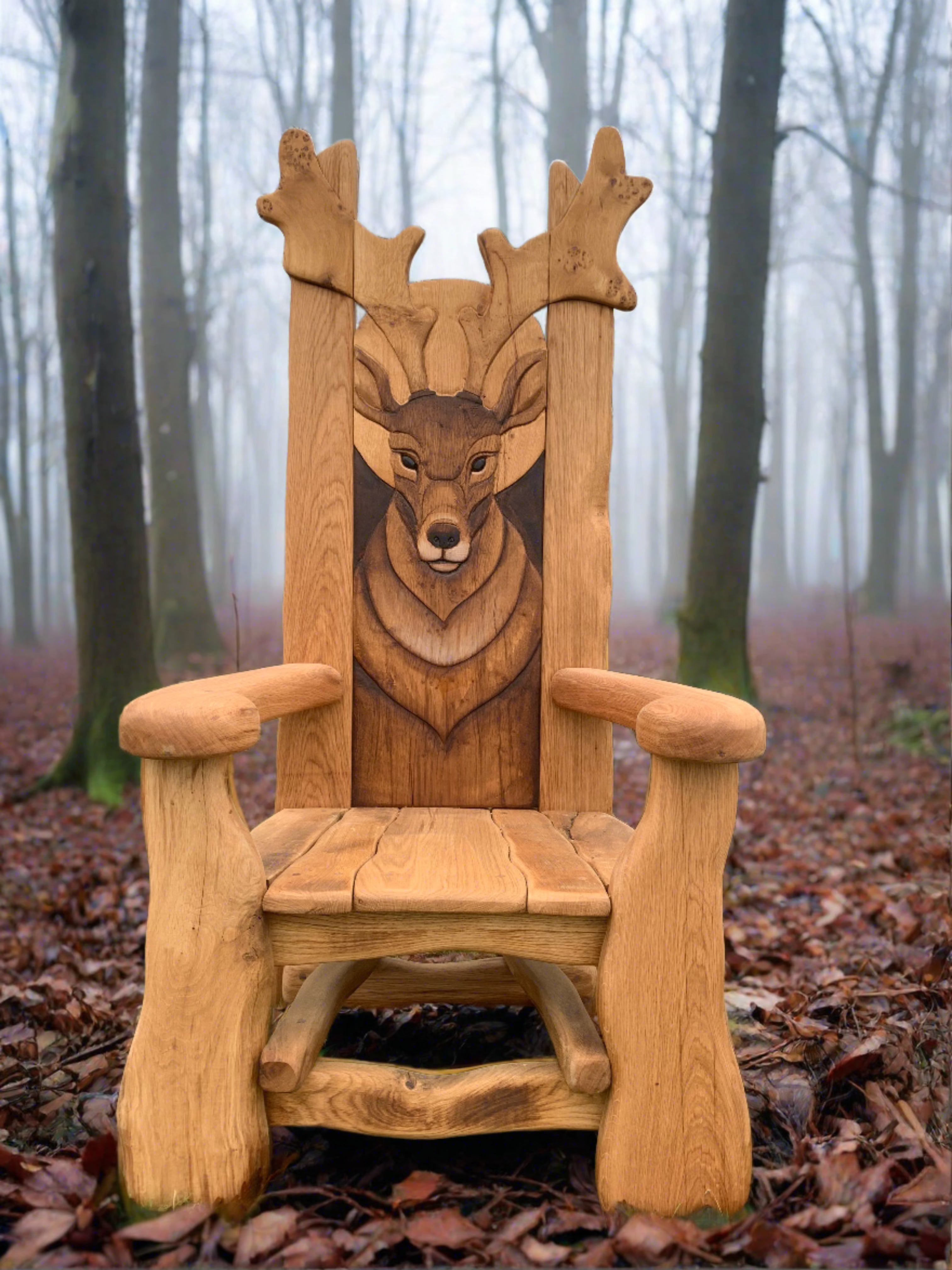 Wooden chair with deer carving in a misty forest.