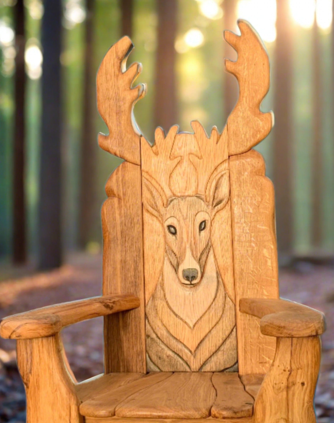 Deer carving on wooden chair with sunlit forest background.