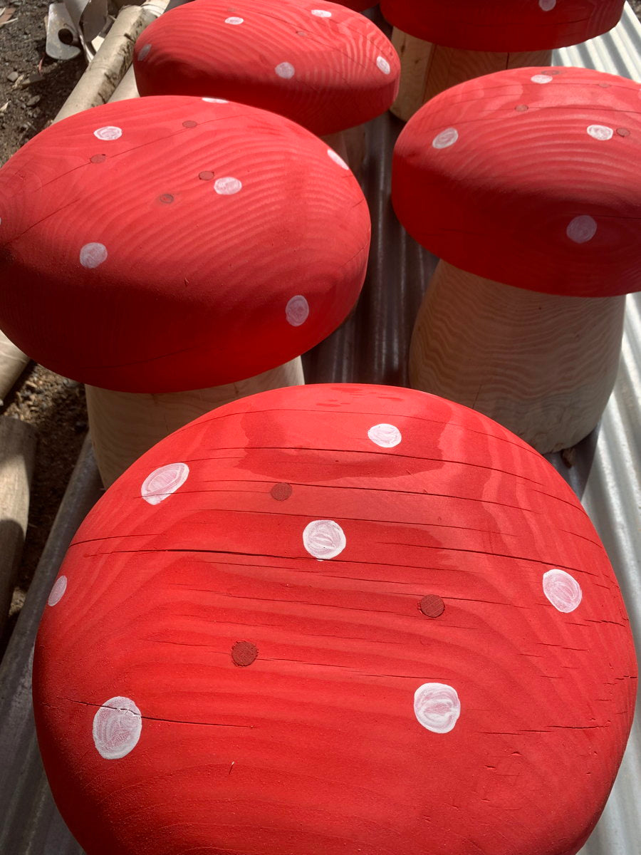 wooden mushroom stool which is red with white dots