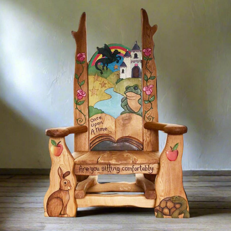 Storytelling chair with fairy tale carvings and woodland animals