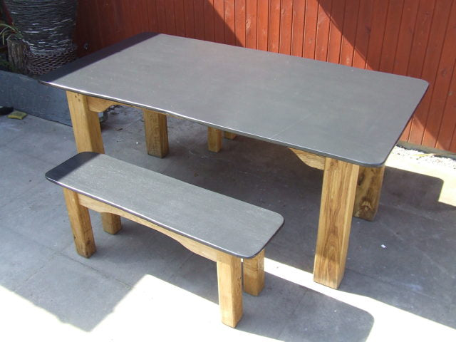 Slate garden bench and table set with oak legs