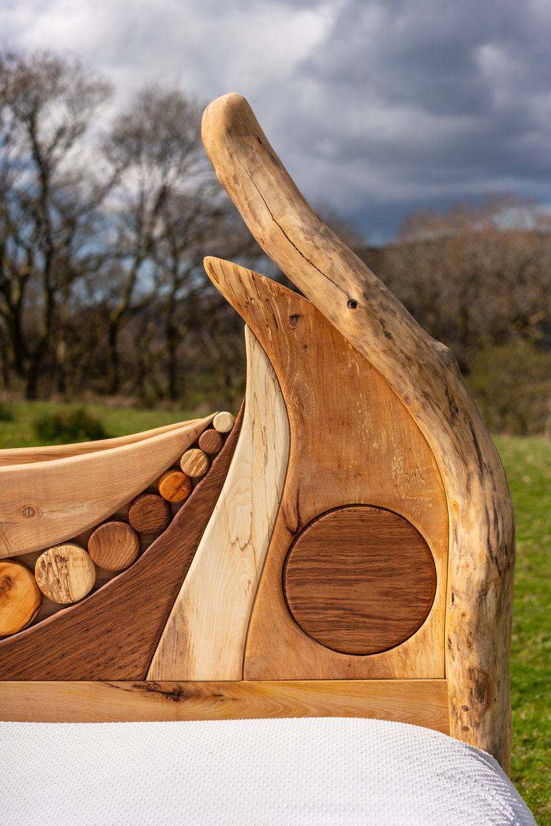 Close-up of unique driftwood headboard design