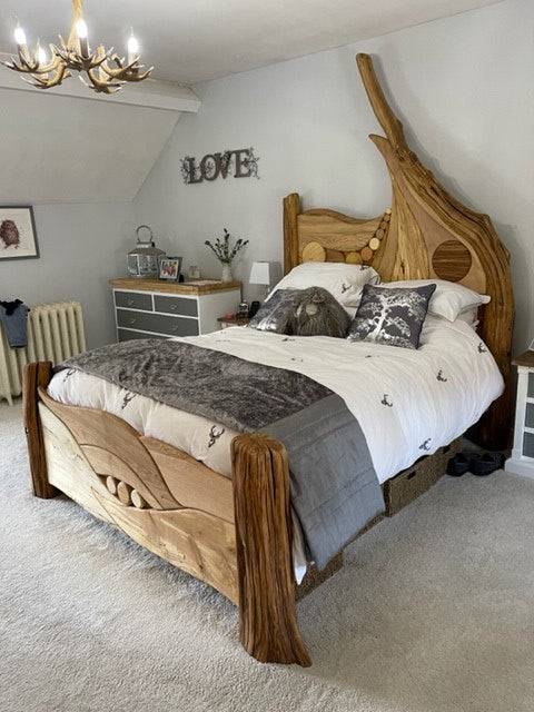 Eco-friendly driftwood bed in cozy bedroom setting