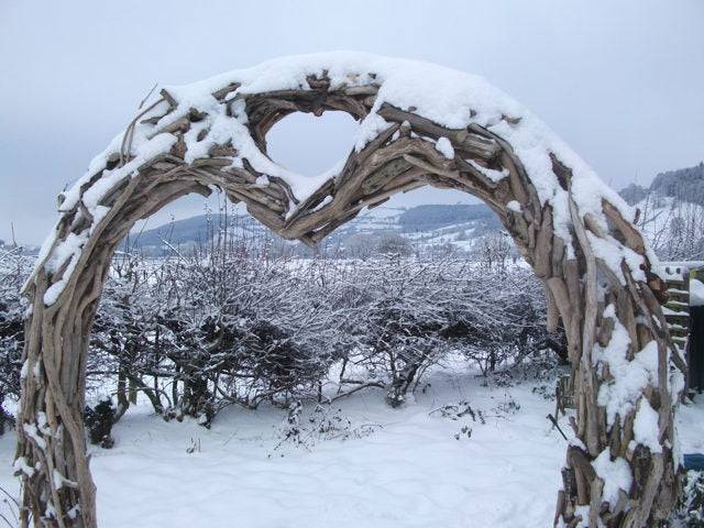 Snow-covered driftwood arch in winter landscape