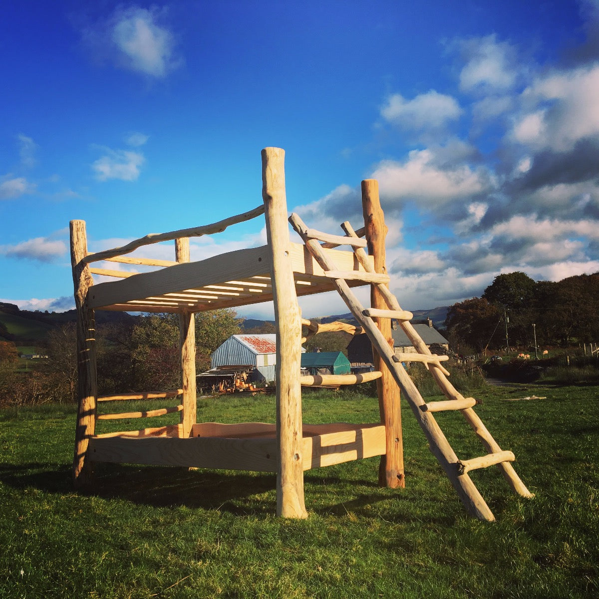 Outdoor view of driftwood bunk bed with ladder