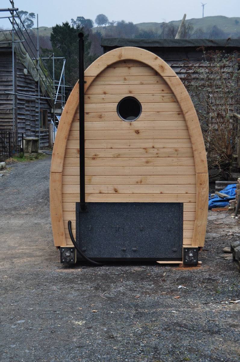 Rear view of Timber Arc Composting Toilet with vent pipe