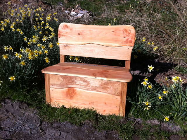 Wooden garden bench surrounded by blooming daffodils