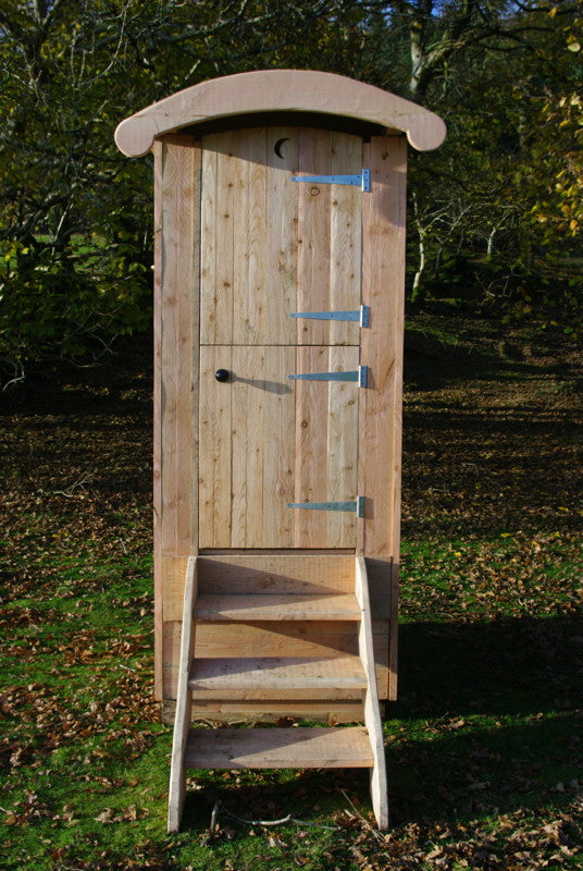 Front view of wooden composting toilet with steps