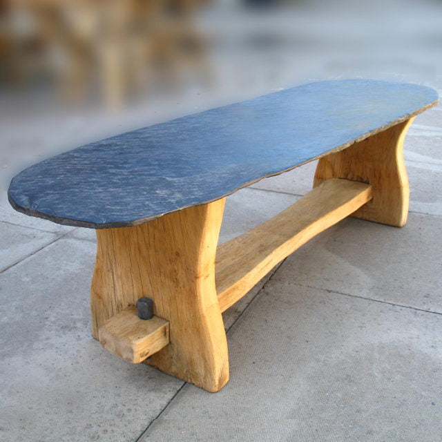 Durable slate garden bench with oak base